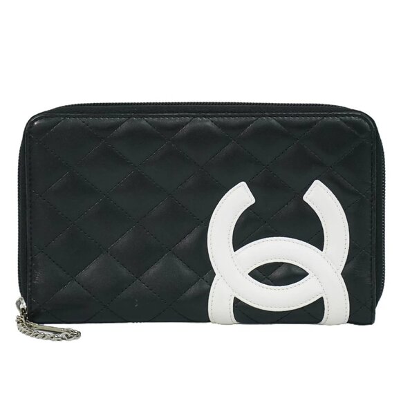 CHANEL Cambon Line CC Mark Leather Long Round Zip Wallet Black Silver - Picture 1 of 10